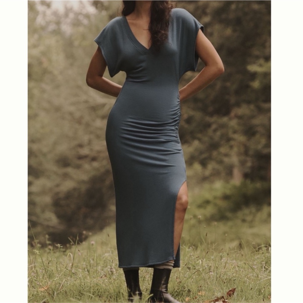 Anthropologie Slate Blue V-Neck Maxi Dress with Side Slit